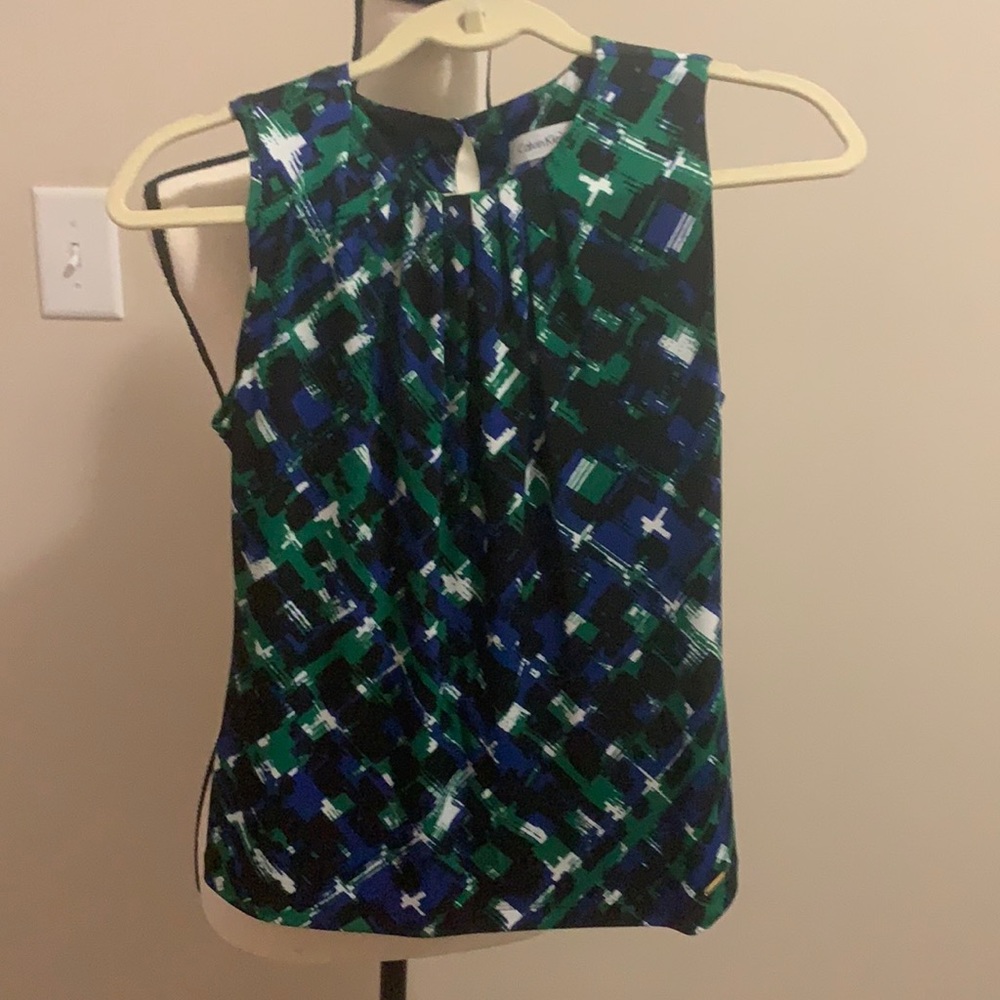 Calvin Klein blue green sleeveless pleated neck